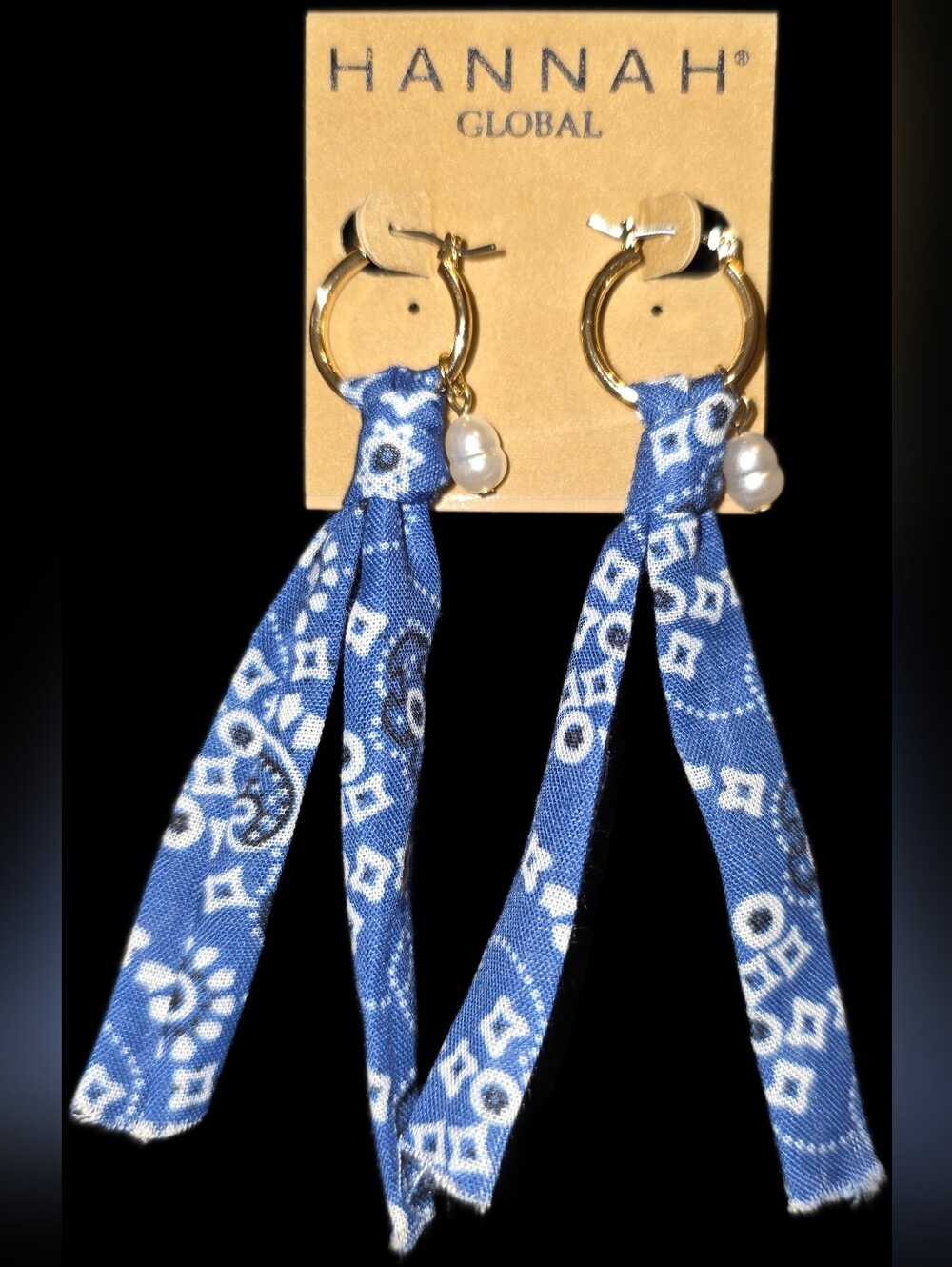 Blue Bandana Drop Hoop Earrings W/Faux Pearl